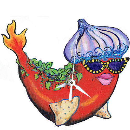 Whimsical red pepper fish with an onion hat and flaming tail clock