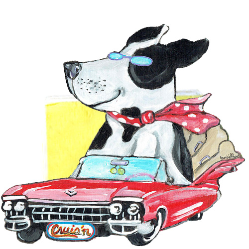 Whimsical black and white dog riding in a red cadillac napkin holder