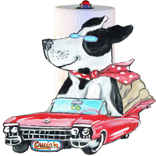Whimsical black and white dog riding in a red cadillac paper towel holder