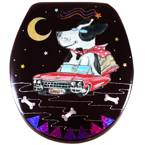 Whimsical black and white dog riding in a red cadillac toilet seat