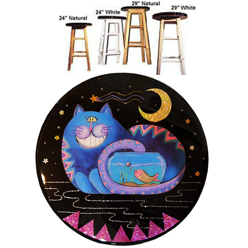 Whimsical blue cat with tail in fish bowl wooden bar stool