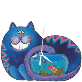 Whimsical blue cat fishing in a fish bowl clock