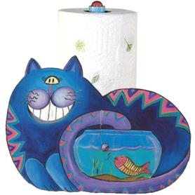 Whimsical blue cat fishing in a fish bowl paper towel holder