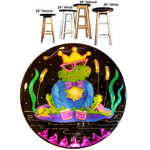 Whimsical frog wearing a crown playing drums stool