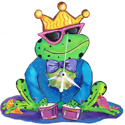 Whimsical frog wearing a crown playing drums clock