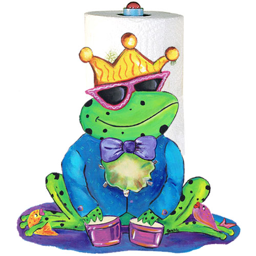 Whimsical frog wearing a crown playing drums paper towel holder
