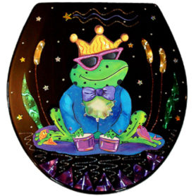 Whimsical frog wearing a crown playing drums toilet seat