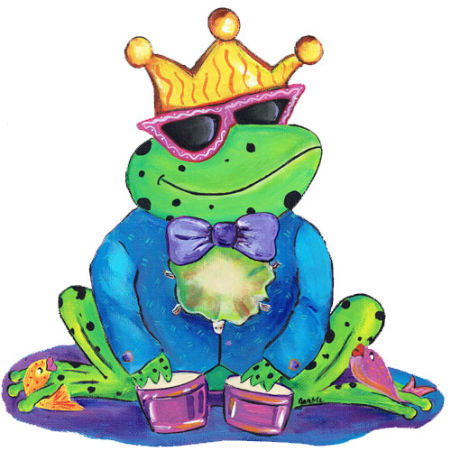 Whimsical frog wearing a crown playing drums wall art