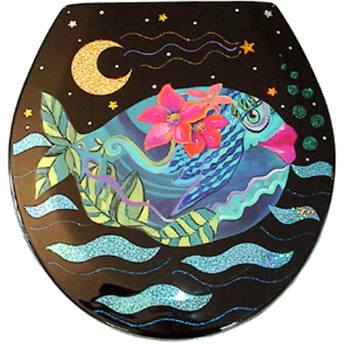 Whimsical teal fish with pink flowers toilet seat