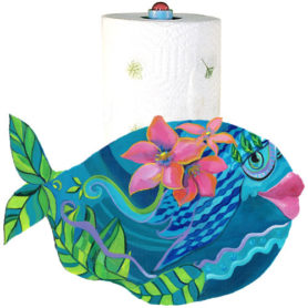 Whimsical teal fish with pink flowers paper towel holder