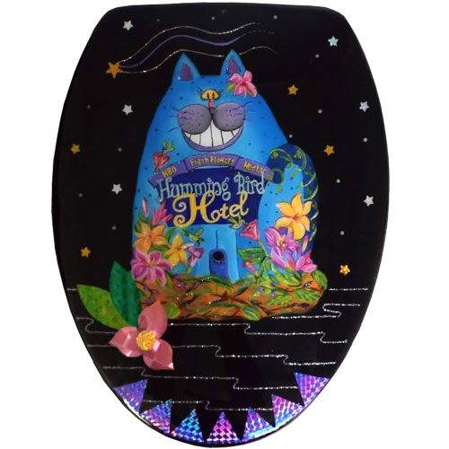 Whimsical blue cat toilet seat