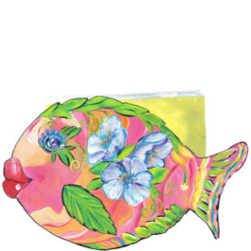 Whimsical pink and orange fish with purple flowers napkin holder