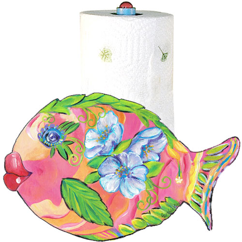Whimsical pink and orange fish with purple flowers paper towel holder