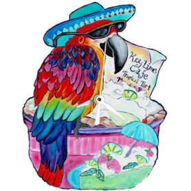 Whimsical maccaw wearing a blue hat perched on a keylime pie clock