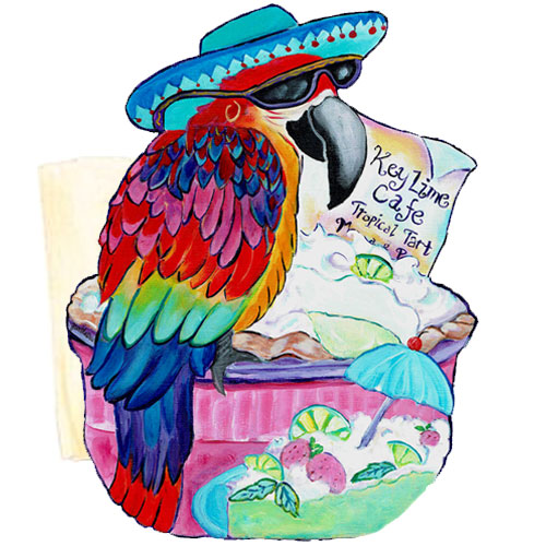 Whimsical maccaw wearing a blue hat perched on a keylime pie napkin holder