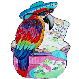 Whimsical maccaw wearing a blue hat perched on a keylime pie wall art