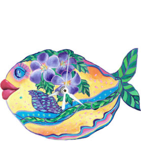 Whimsical yellow fish with purple flowers swimming clock