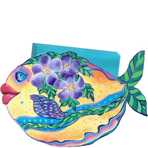 Whimsical yellow fish with purple flowers swimming napkin holder