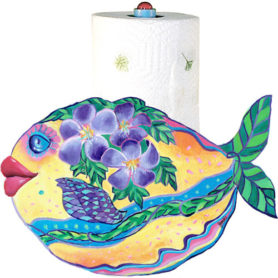 Whimsical yellow fish with purple flowers swimming paper towel holder