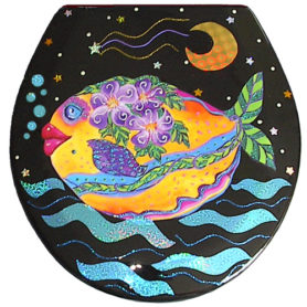 Whimsical yellow fish with purple flowers swimming toilet seat