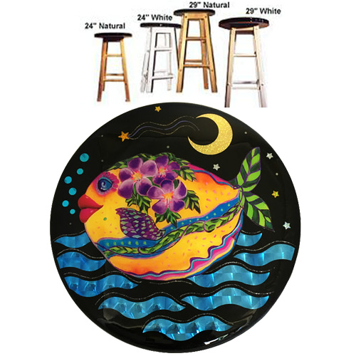 Whimsical yellow fish with purple flowers swimming bar stool