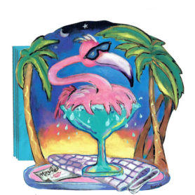 Whimsical pink flamingo splashing in a margarita glass napkin holder