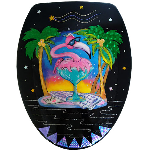 Whimsical pink flamingo in a margarita glass toilet seat