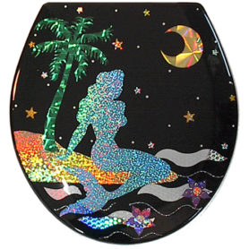 Metallic foil cut mermaid lounging by the sea with a palm tree toilet seat