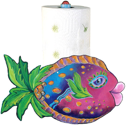 Whimsical pink and blue fish with a palm tree tail paper towel holder