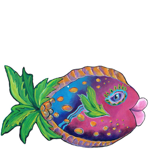 Whimsical pink and blue fish with a palm tree tail wall art