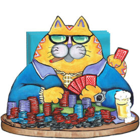 Whimsical yellow cat playing poker napkin holder