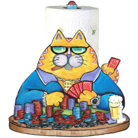 Whimsical yellow cat playing poker paper towel holder