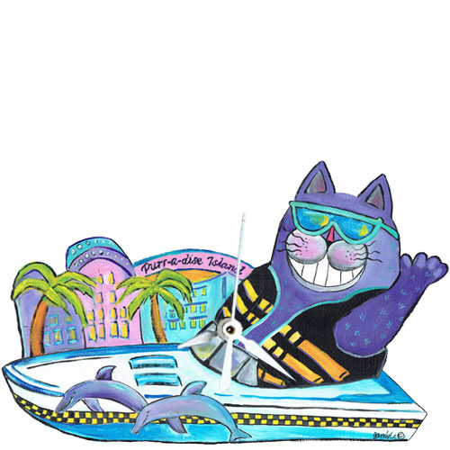 Whimsical purple cat with a ski vest in a boat clock