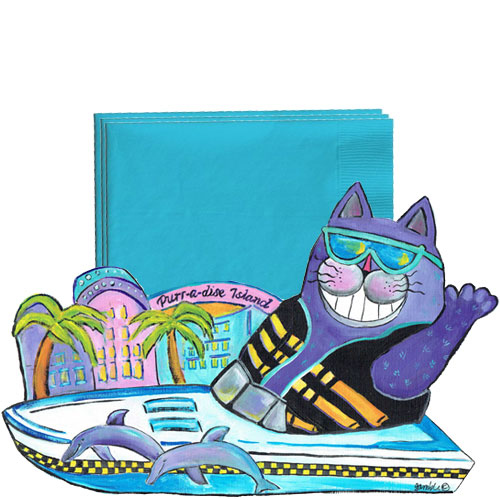 Whimsical purple cat with a ski vest in a boat napkin holder