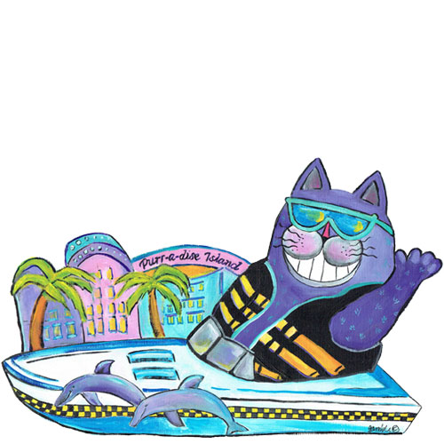 Whimsical purple cat with a ski vest in a boat wall art