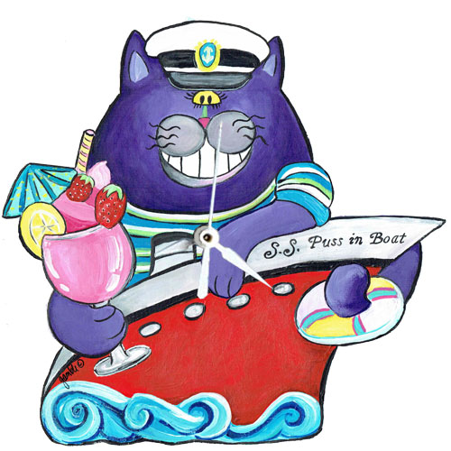 Whimsical purple cat in a red boat with a tropical drink clock