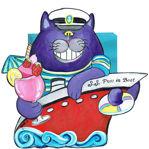 Whimsical purple cat in a red boat with a tropical drink napkin holder