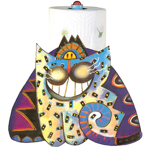 Whimsical smiling purple and blue cat paper towel holder