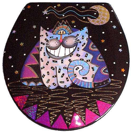 Whimsical smiling purple and blue cat toilet seat