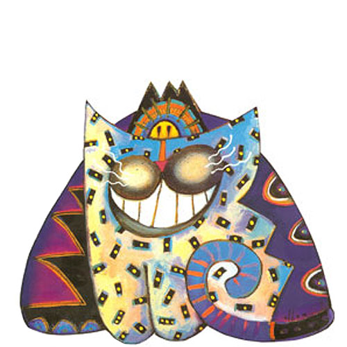 Whimsical smiling purple and blue cat wall art