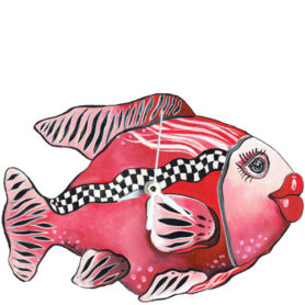 Whimsical red fish with checkboard stripe clock
