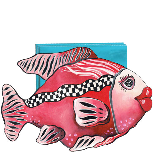 Whimsical red fish with checkboard stripe napkin holder