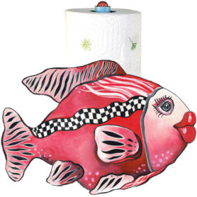 Whimsical red fish with checkboard stripe paper towel holder