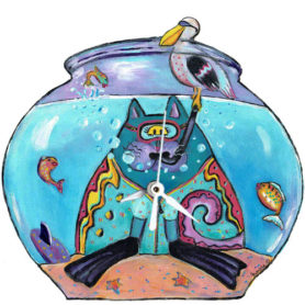 Whimsical cat with snorkel in a fishbowl clock