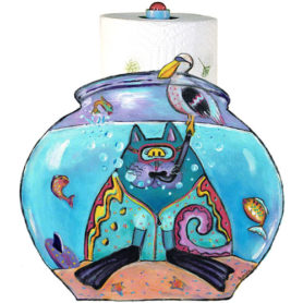 Whimsical cat with snorkel in a fishbowl paper towel holder