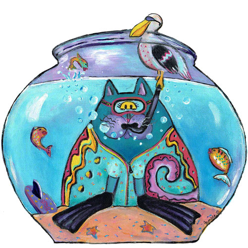 Whimsical cat with snorkel in a fishbowl wall art