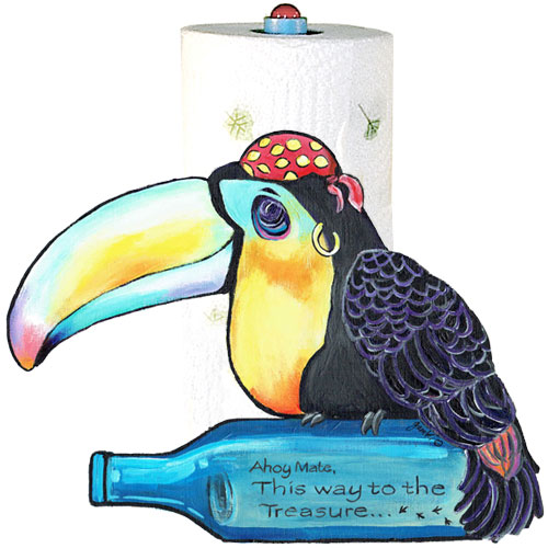 Whimsical toucan pirate with bottle paper towel holder