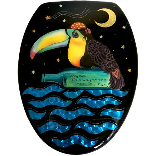 Whimsical toucan pirate with bottle toilet seat