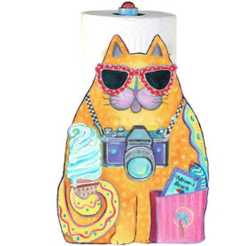 Whimsical yellow cat with ice cream paper towel holder