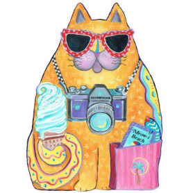 Whimsical yellow cat with ice cream wall art